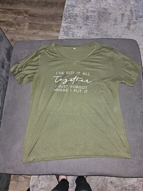 Olive Green Short Sleeve V-Neck Tee with Slogan